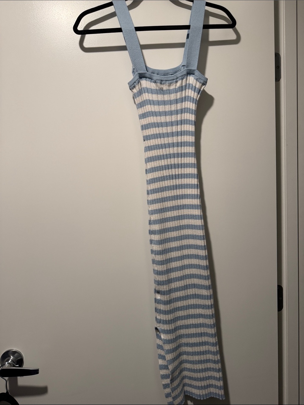 Striped Knit Maxi Dress with Wide Straps - Light Blue & Cream